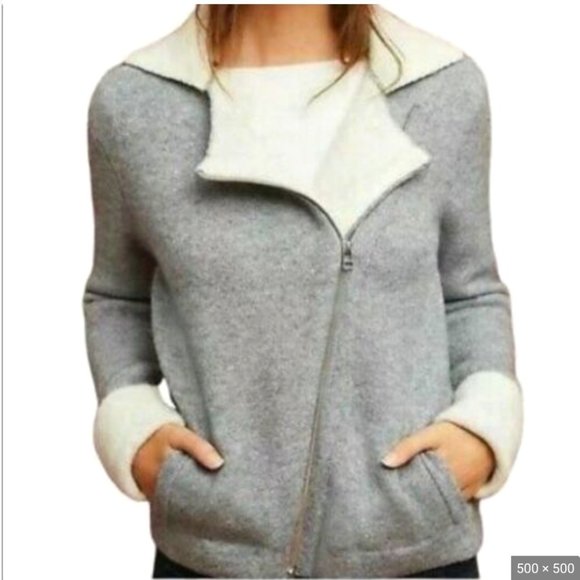 Anthropologie Alpaca Wool Blend Moto Knit Jacket Asymmetric Zip Gray Cre… - Picture 1 of 7